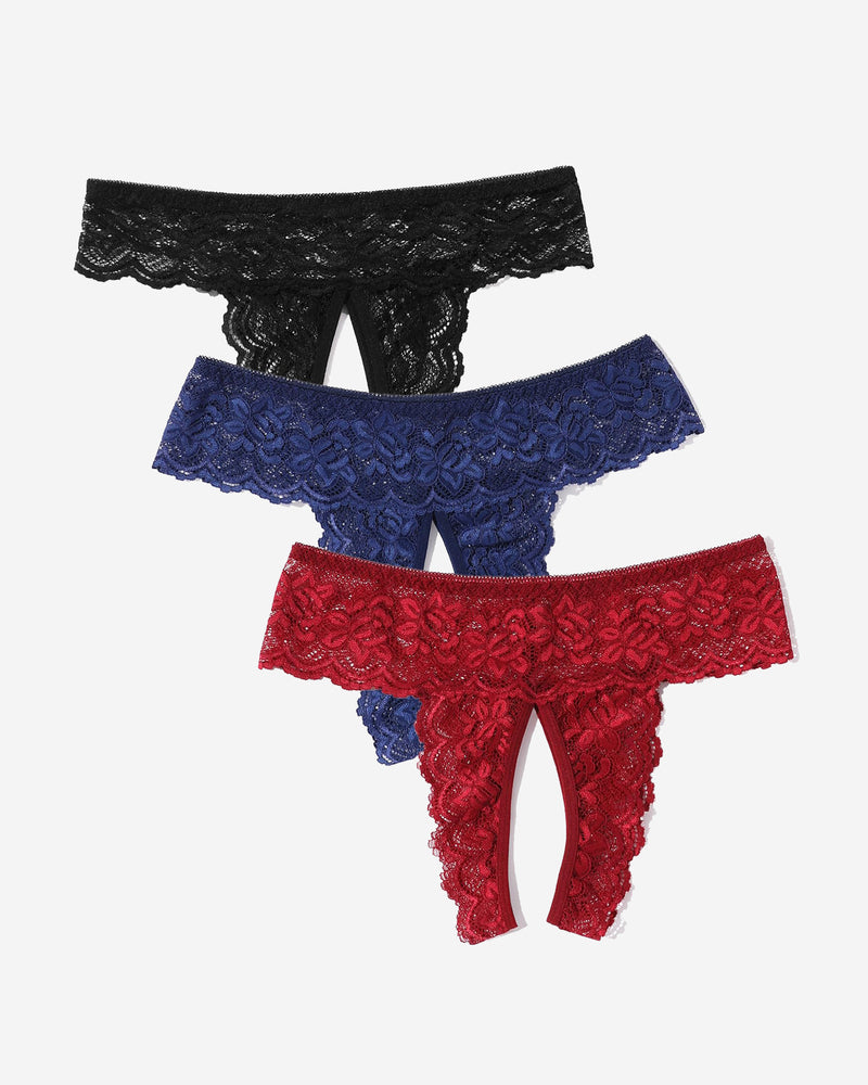 Three colors lace low rise hipsters: black, navy, and red, with soft fabric and open back design