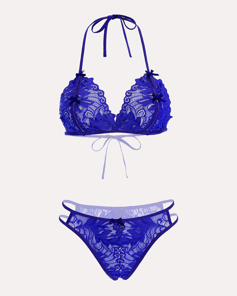 Avidlove blue lace halter bra and panty set. Floral lace, halter tie design, 2-piece sexy lingerie.