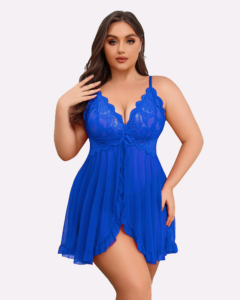 Plus Size Blue Lace Open Front Babydoll Lingerie Set, Deep V-neck, Adjustable Straps