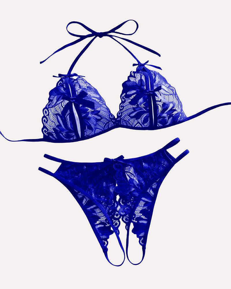 Blue lace halter bra and panty set with floral details. Halter tie design, sexy lingerie.