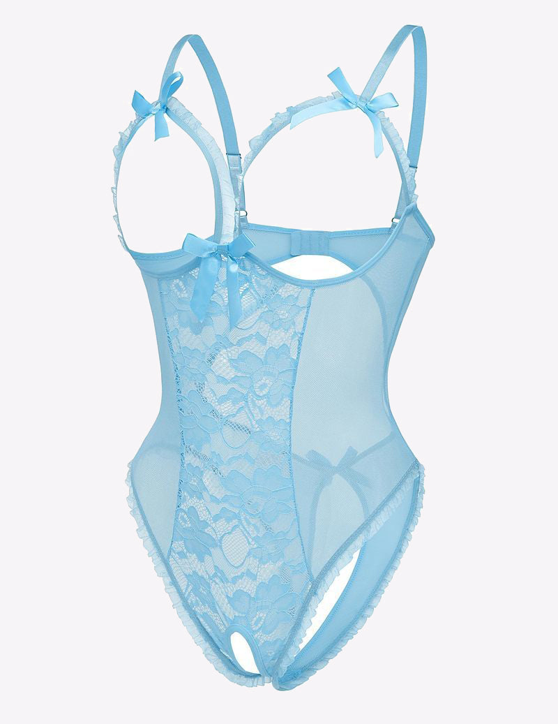 Light blue lace cut-out bodysuit with adjustable straps, backless design and delicate bows.