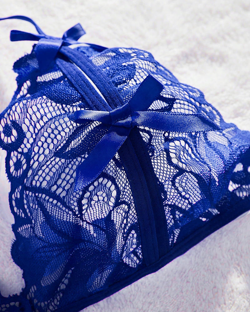 Blue lace halter bra with floral details, Avidlove lingerie. Halter tie design, sexy lingerie.