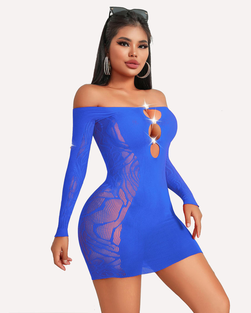 Blue fishnet bodycon mini dress with pearl accents and off-shoulder. Sexy lingerie style.