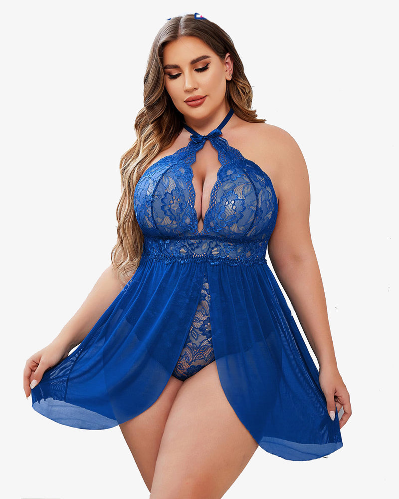 Plus size blue lace babydoll lingerie with halter neck and snap crotch, a sexy and confident look.