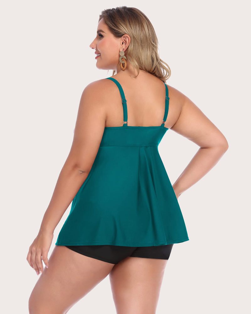 Teal tankini swimsuit for plus size, adjustable straps and sun-protective shorts, back view.