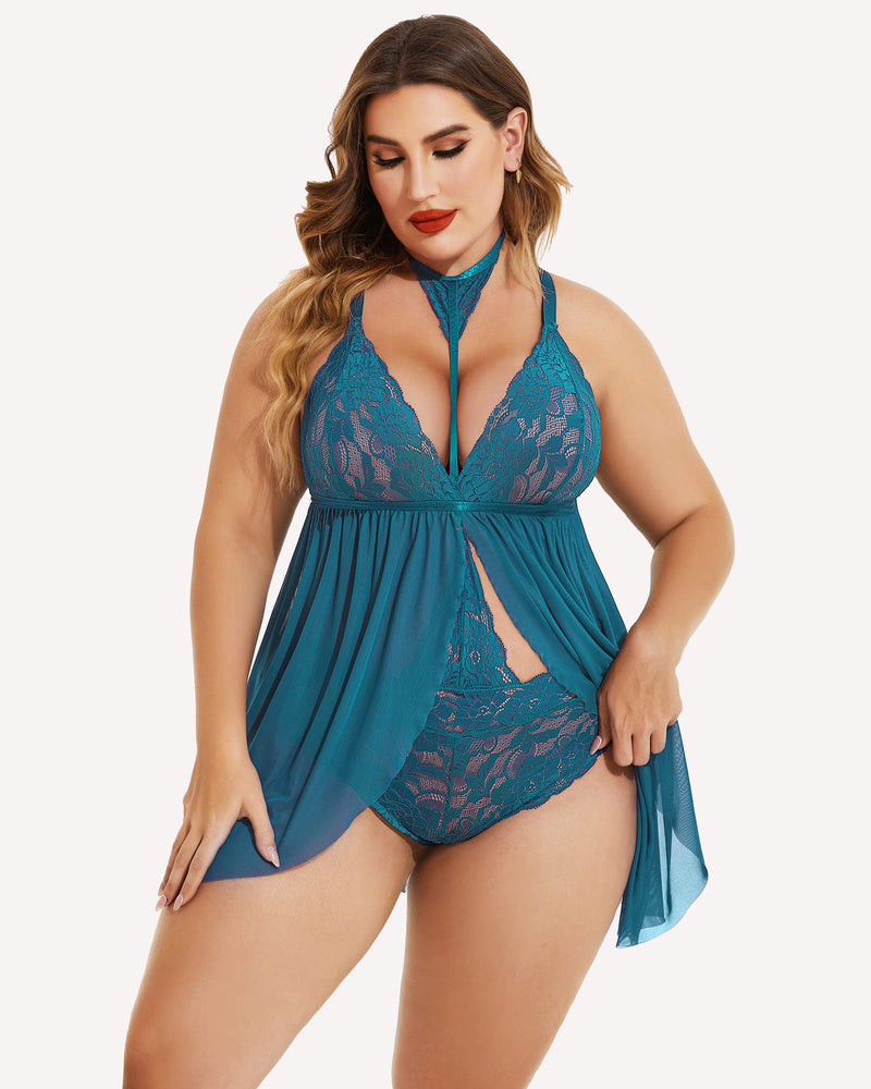 Plus size teal lace babydoll lingerie with mesh overlay and choker. Sexy sleepwear.