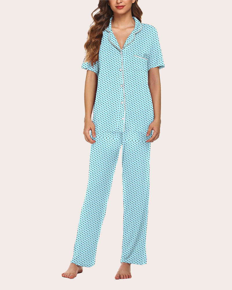 Light blue polka dot notch collar pajamas set. Soft and comfy women's sleepwear.