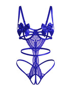 Blue floral lace teddy with satin bow underwire cups and strappy cutouts