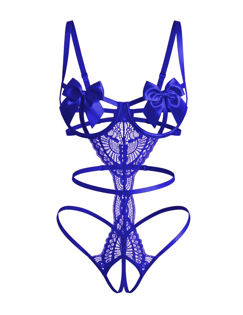 Blue floral lace teddy with satin bow underwire cups and strappy cutouts