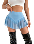 Light blue sheer mesh mini skirt with a solid V-shaped waistband and ruffled hem