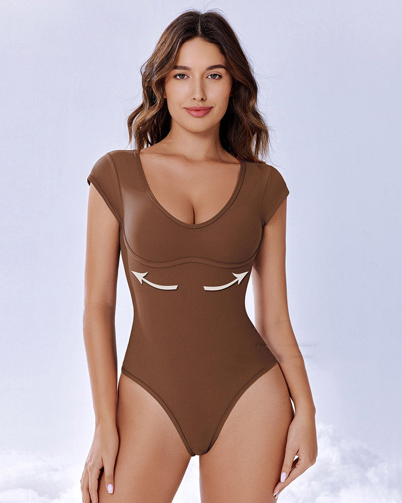 Brown cap-sleeve bodysuit, U-neck, thong cut. Comfortable and stylish shapewear for women.