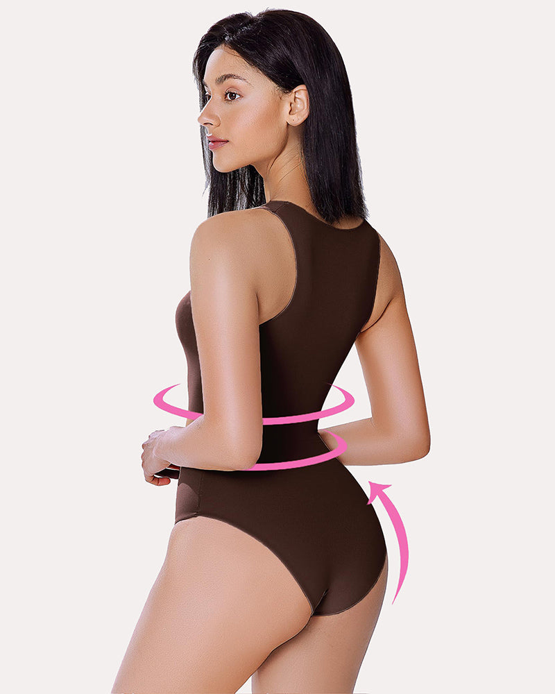 Avidlove brown tank bodysuit, showcasing waist and hip lift shapewear design with mock neck