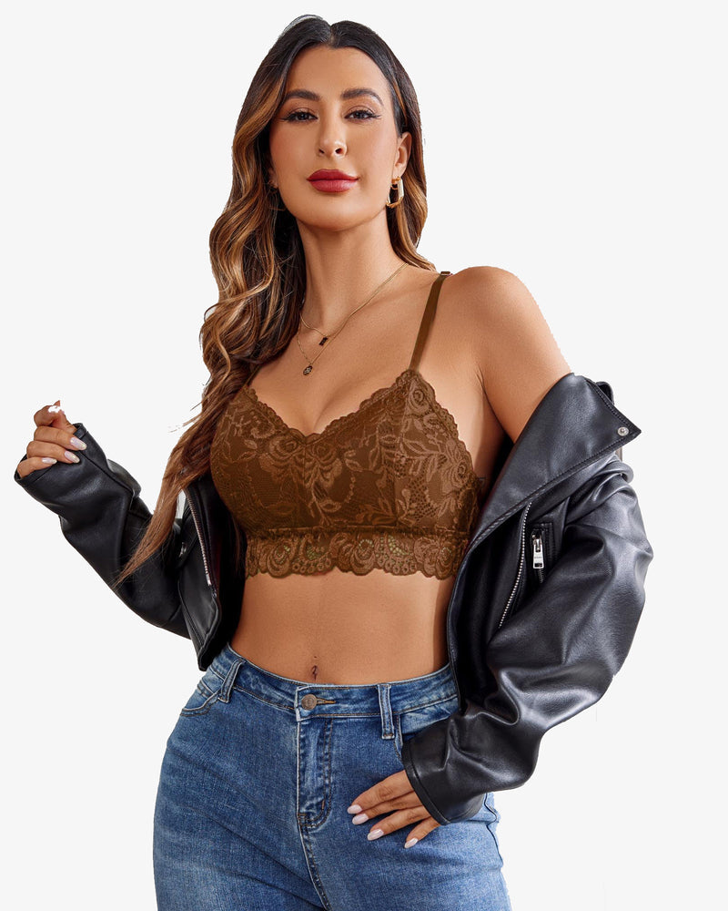 Avidlove brown floral lace V-neck bralette with denim jeans and black leather jacket. Sexy lingerie.