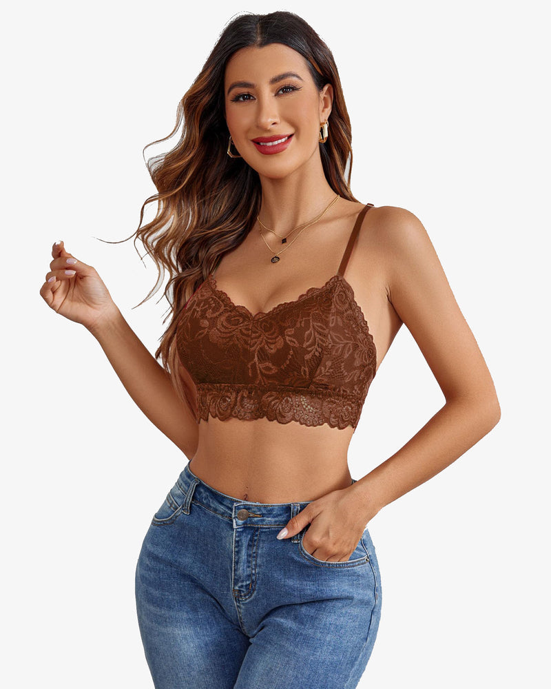 Avidlove brown floral lace V-neck bralette crop top with jeans. Sexy women's lingerie.