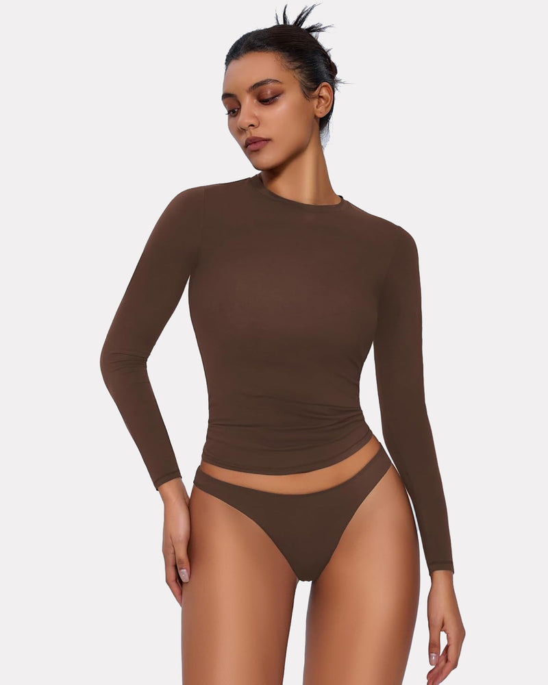Brown Y2K double lined long sleeve top and underwear set, lightweight and breathable loungewear