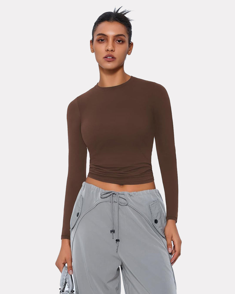 Brown Y2K double-lined top, lightweight and breathable, with gray cargo pants