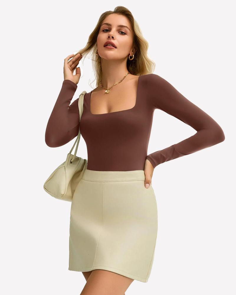 Brown square neck bodysuit. Ultra-stretchy, perfect for showing bodyline. Stylish and form-fitting.