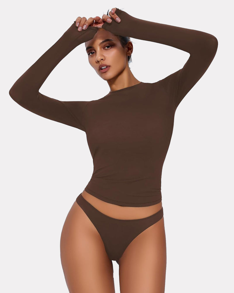 Brown Y2K double lined long sleeve top and underwear set, lightweight and breathable loungewear.