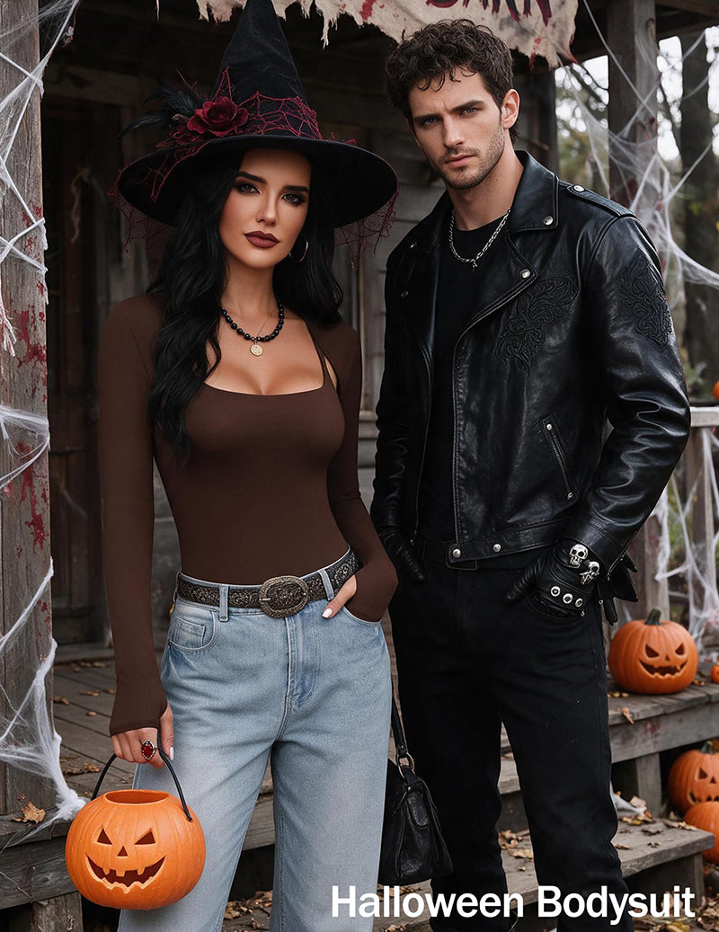 Dark brown two-piece cami bodysuit with long sleeve mesh shrug and scoop neckline