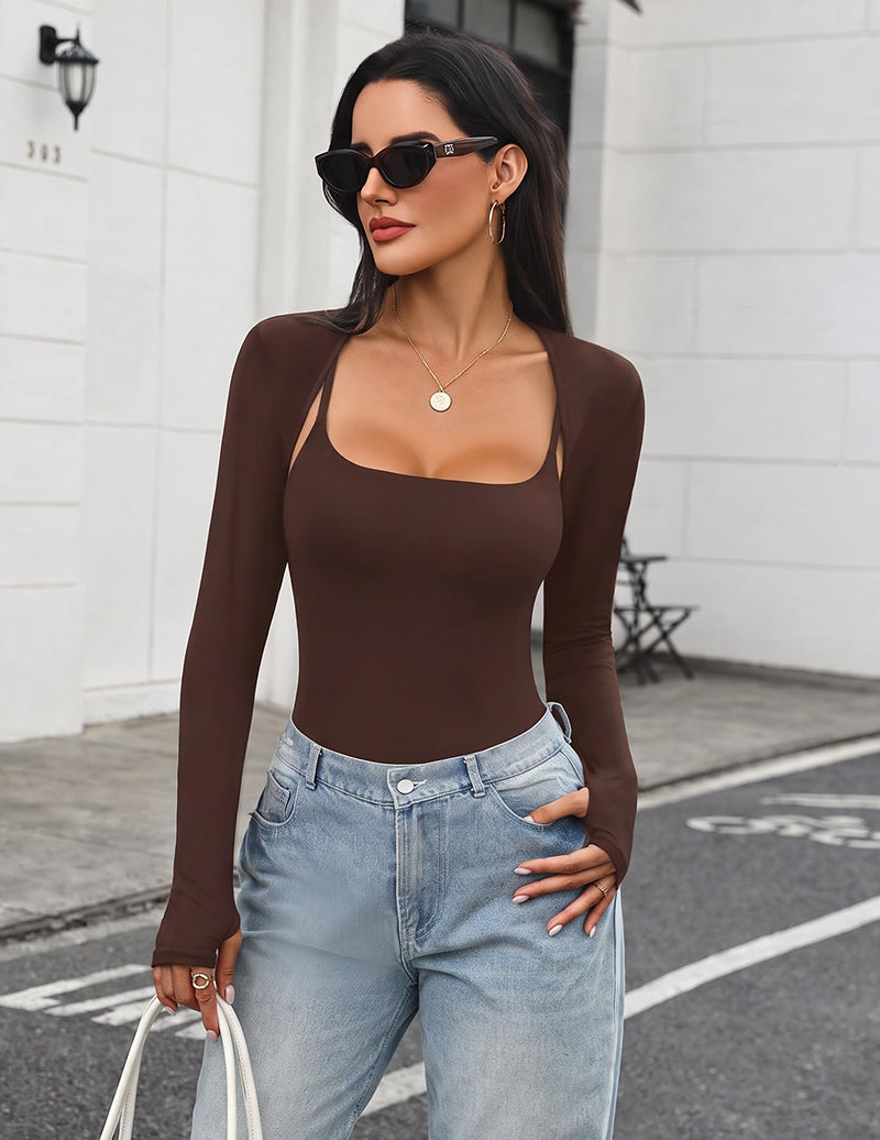 Brown two-piece cami bodysuit with long sleeve mesh shrug and scoop neckline