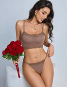 Brown wireless bralette and thong set with lace trim and thin straps
