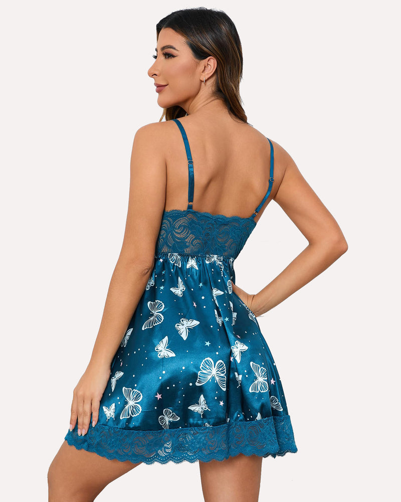Teal satin nightdress with butterfly print, lace trim, V-neck slip dress for women