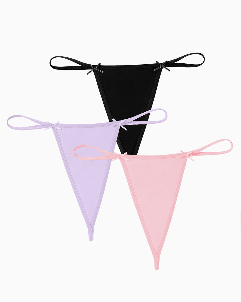 Avidlove 3-Pack G-String Thongs - Black, Purple, and Pink with Bows. Comfortable and sexy lingerie.