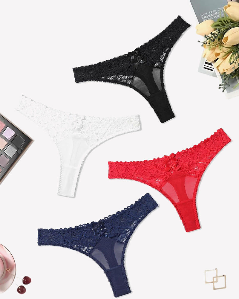 Lace thongs in black, white, red, and navy blue. Low waist cheeky panties with bow details.