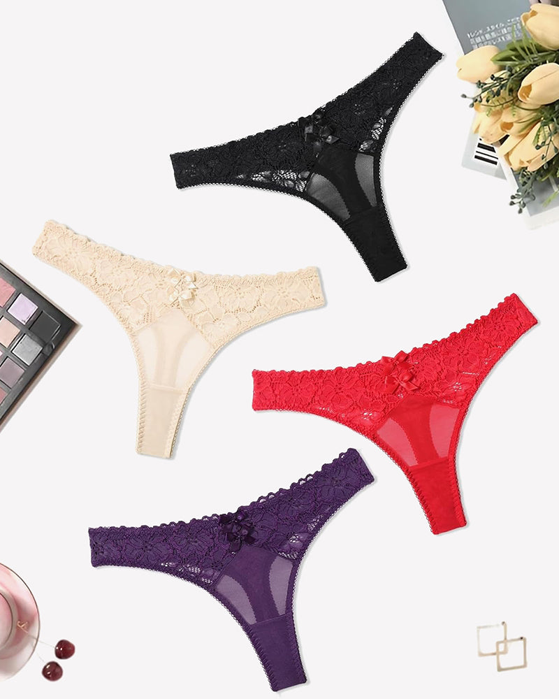 Lace thongs in black, beige, red, and purple. Low waist cheeky panties with bow details.