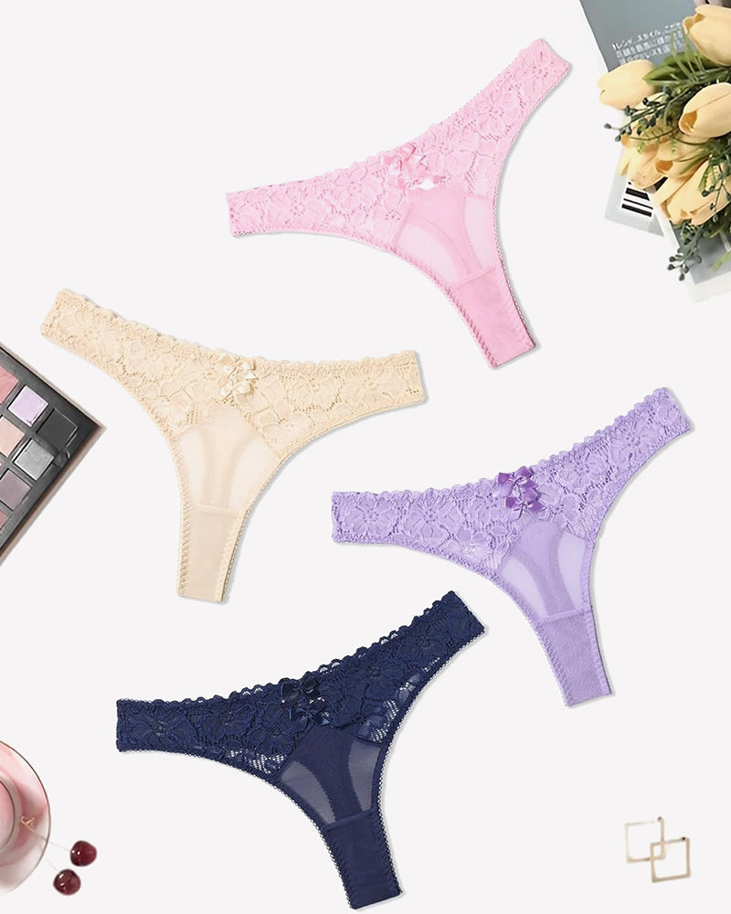 Lace thongs in pink, beige, purple, and navy blue with bow details. Low waist cheeky panties.