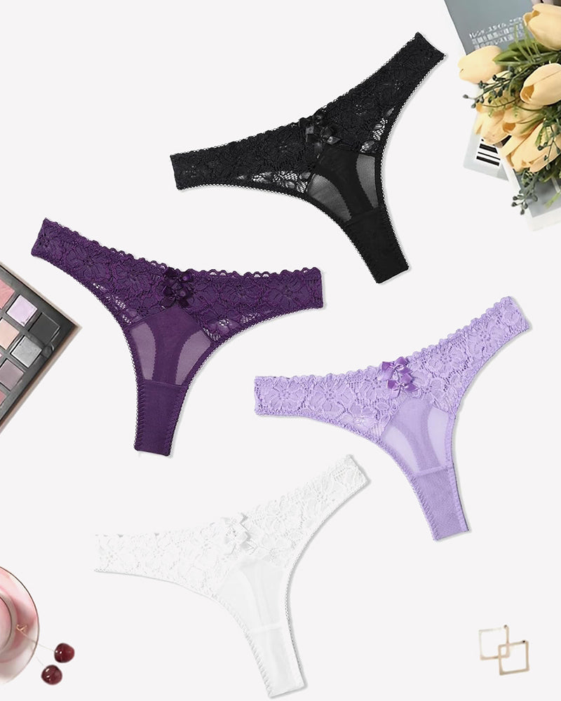Lace thongs in black, purple, lavender, and white. Low waist cheeky panties with bow details.
