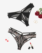 Low-rise mesh hipster panty set: black & leopard, bow back, cutout sides