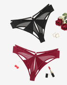 Low-rise mesh hipster panty set: black & wine red, bow back, cutout sides