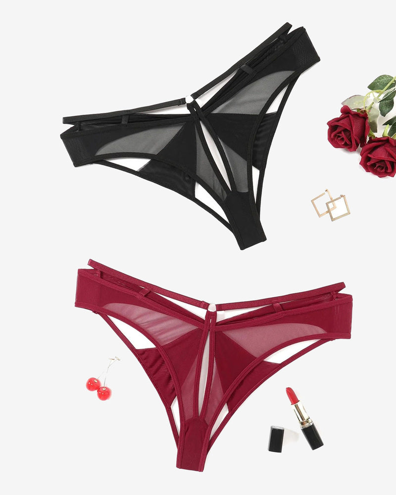 Low-rise mesh hipster panty set: black & wine red, bow back, cutout sides