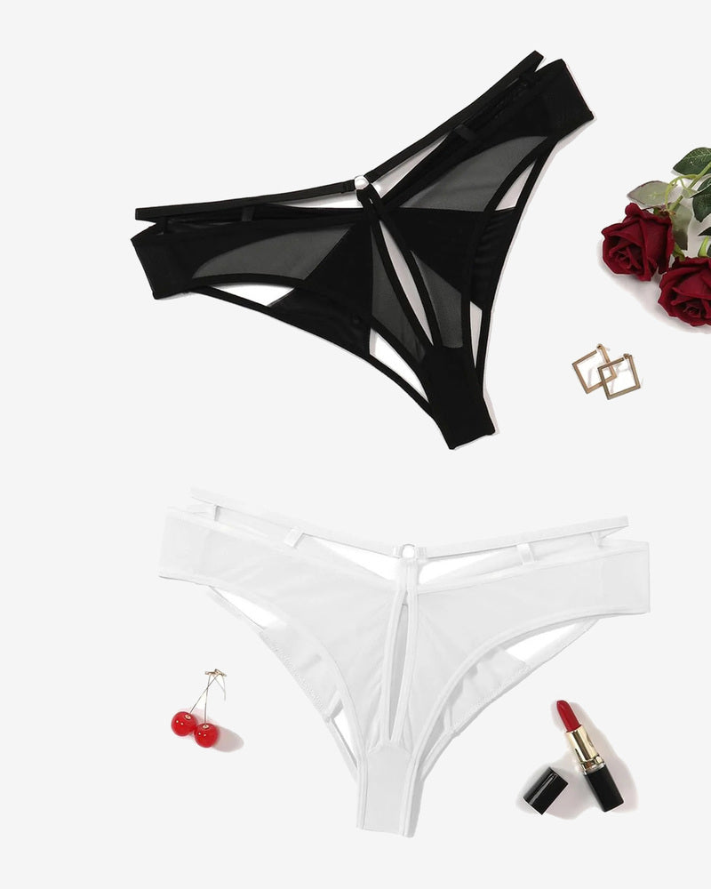 Low-rise mesh hipster panty set: black & white, bow back, cutout sides