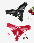 Low-rise mesh hipster panty set: black & red, bow back, cutout sides