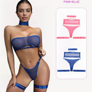 Sheer mesh lingerie set in blue, with choker and garter belt. Includes pink set. Sexy lingerie.