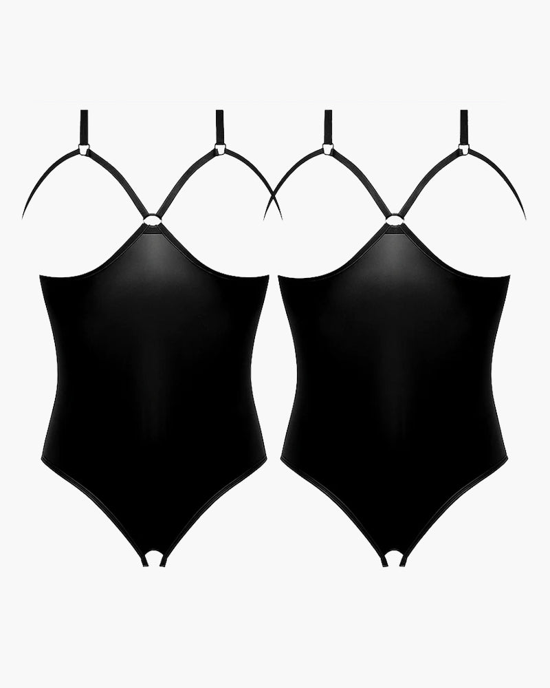 Black PU leather crotchless and cupless teddy with cut-out cups, adjustable straps