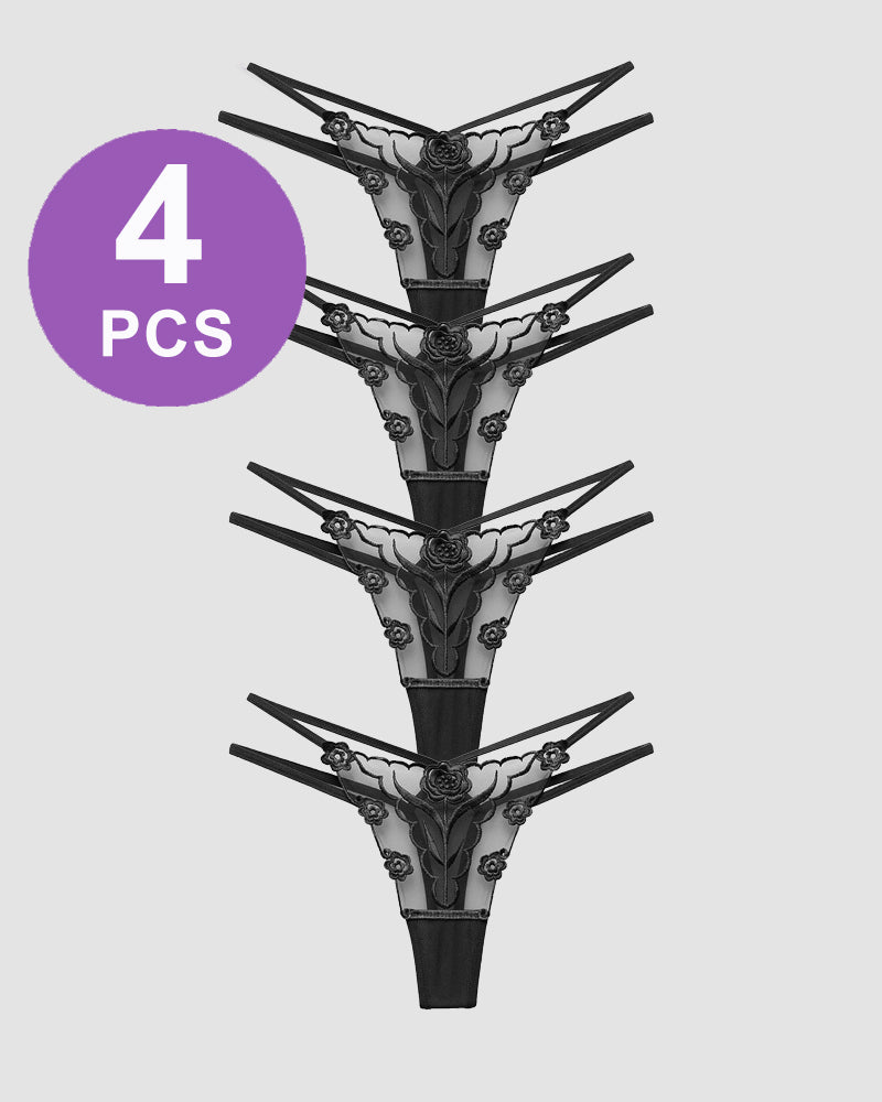 Rose Embroidery Thong Mesh Panties set of 4, black floral lace design, sexy lingerie