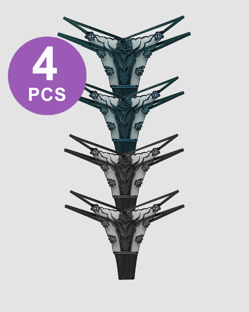 Rose Embroidery Thong Mesh Panties set of 4, floral lace, black and teal, sexy lingerie.