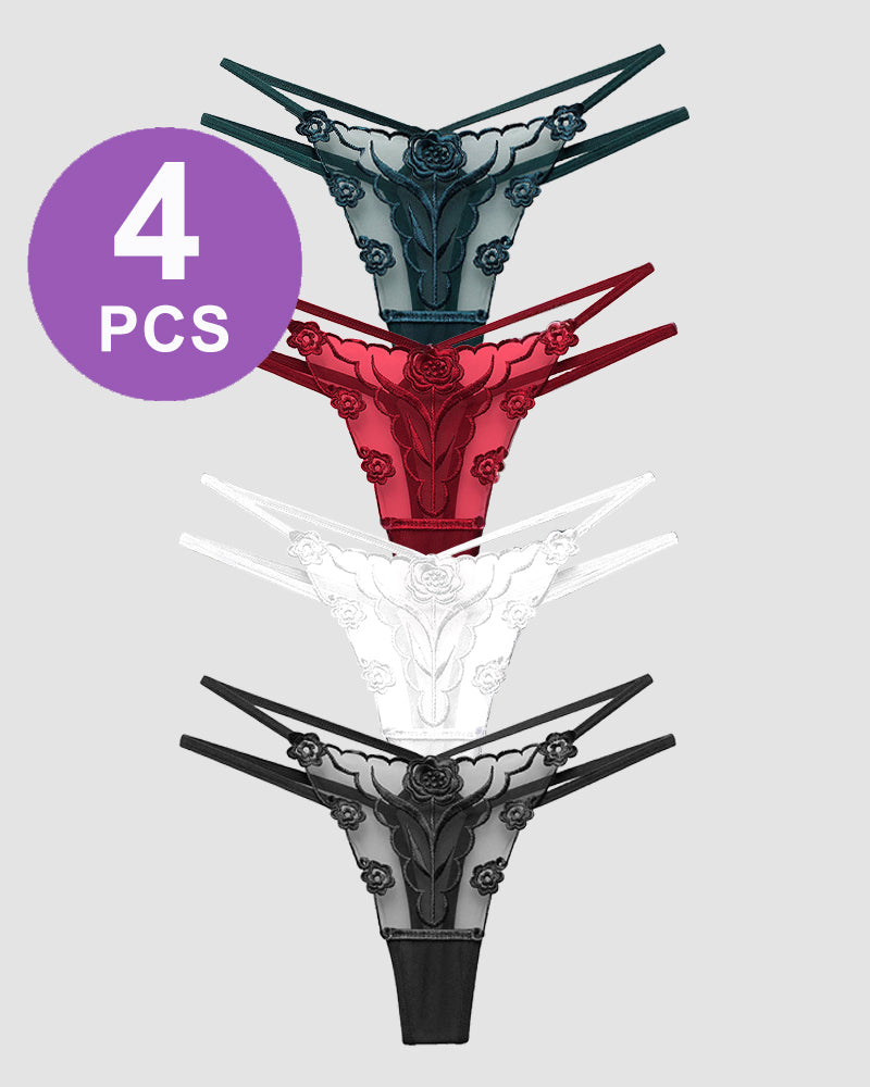 Rose Embroidery Thong Mesh Panties set, floral lace design in four colors, 4 PCS