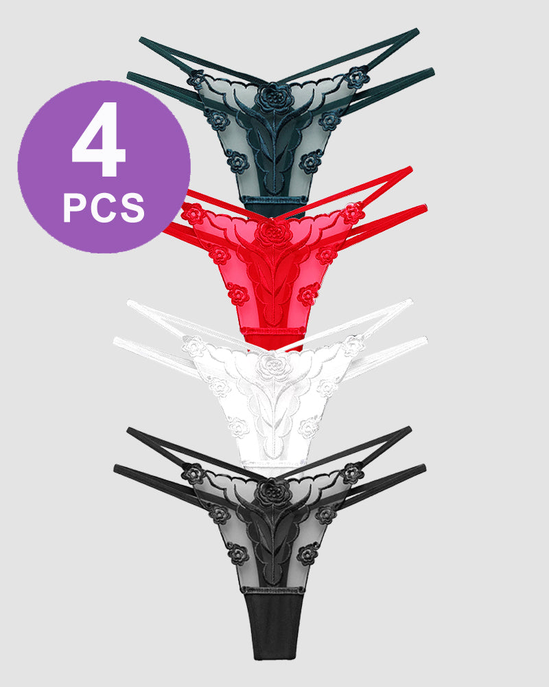 Rose Embroidery Thong Mesh Panties set of 4, floral lace design in multiple colors, sexy lingerie