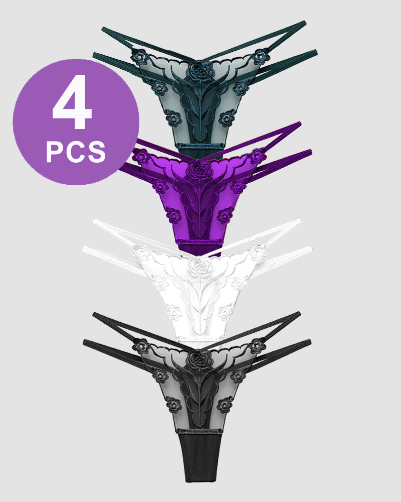 Rose Embroidery Thong Mesh Panties, set of 4, floral lace design in multiple colors.