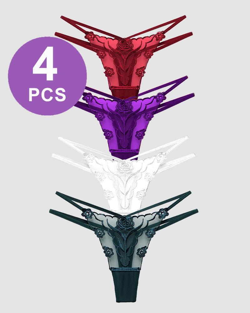 Rose Embroidery Thong Mesh Panties set of 4, floral lace design in multiple colors, sexy lingerie.