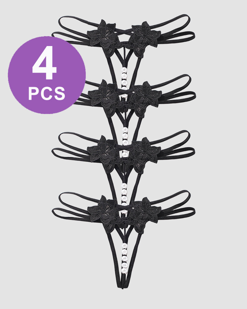 Avidlove Pearl Lingerie Lace Open G-String set, black, 4 pieces, with floral lace and pearl details