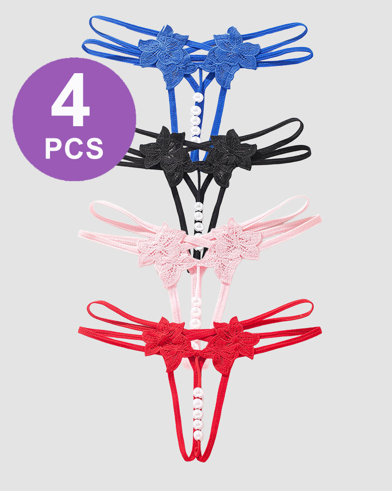 Avidlove Pearl Lace G-string set, 4 pieces, floral lace and pearl details in various colors