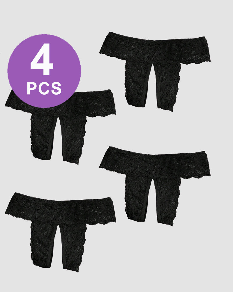 Avidlove Plus Size Black Lace Open Crotch Briefs - 4 PCS. Sexy, mid-rise, lace lingerie.