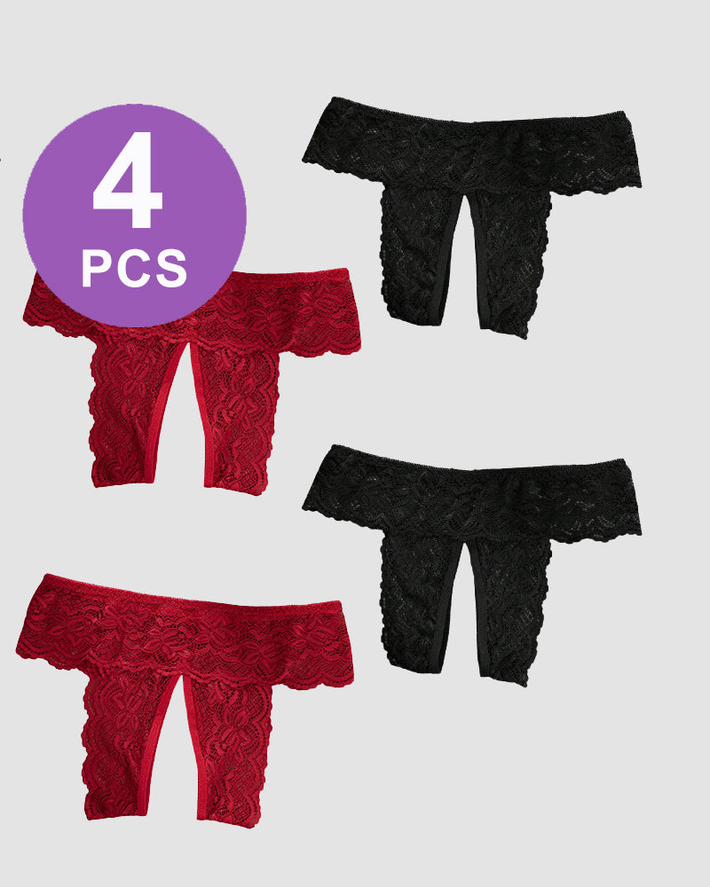 Avidlove Plus Size Open Crotch Lace Panties - Set of 4, featuring red and black lace briefs