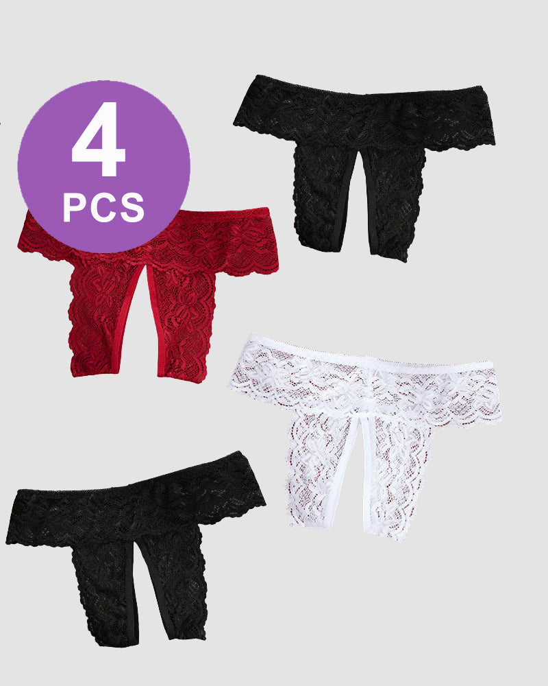 Avidlove Plus Size Open Crotch Lace Panties - Set of 4, featuring red, black, and white lace briefs