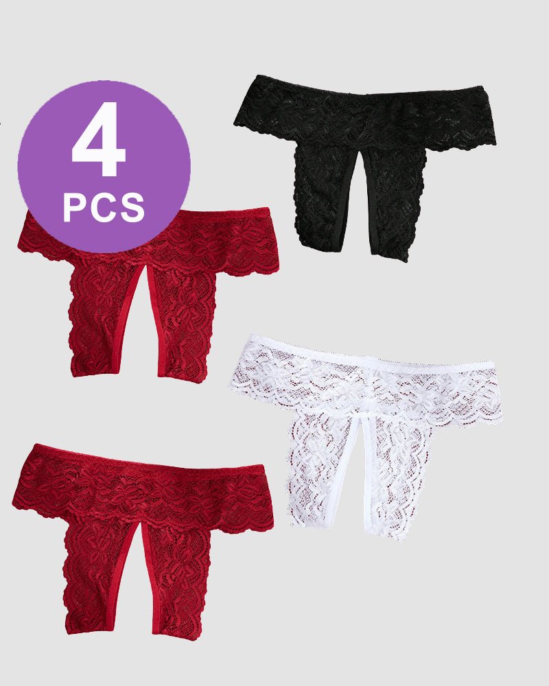 Plus Size Open Crotch Lace Panties Set - Red, Black, White Lace Briefs (4 PCS)